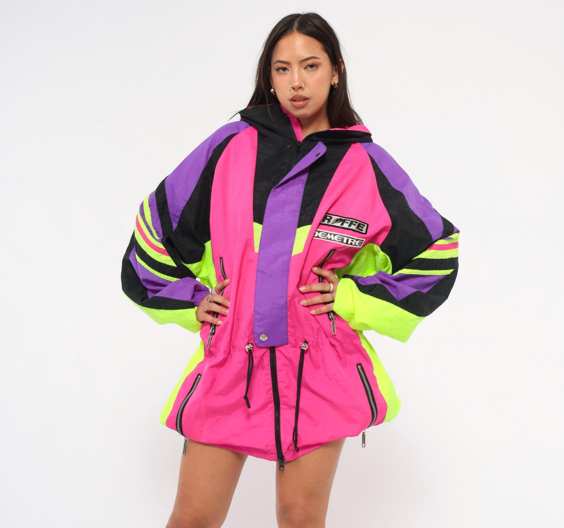 90s Roffe Demetre Neon Pink Ski Anorak Color Block Hooded Jacket Extra Large XL