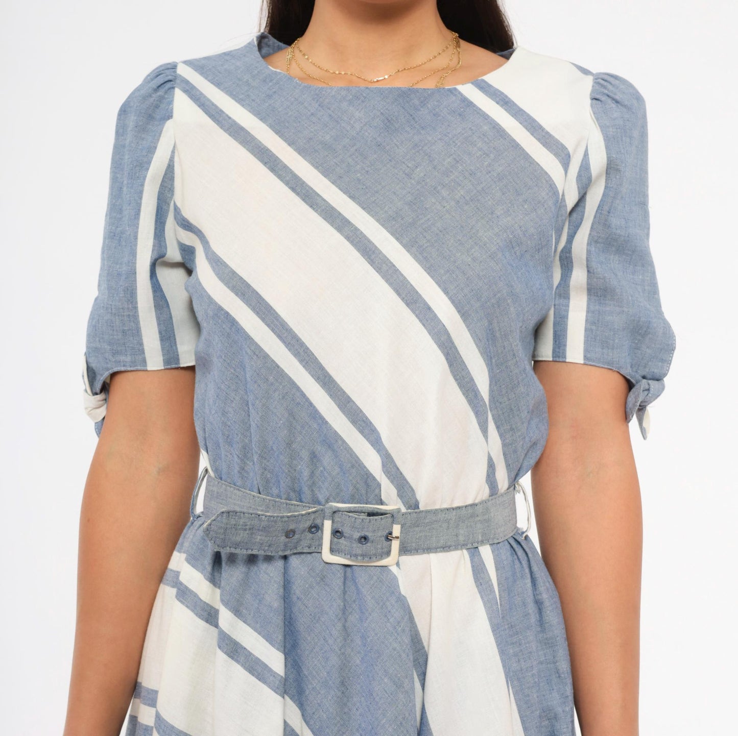 80s SL Petites Diagonal Stripe Dress Blue White Cotton Puff Sleeve Medium