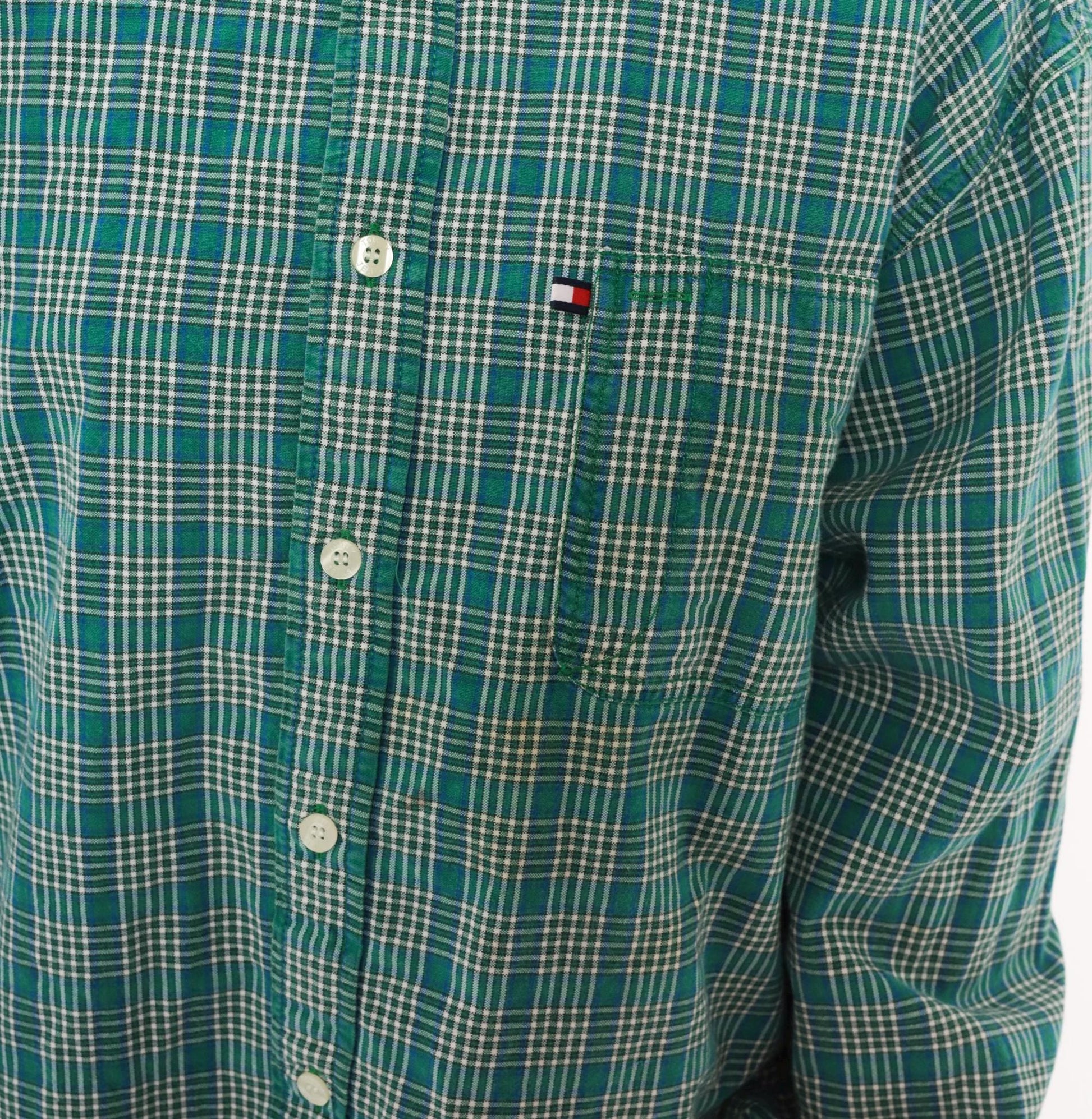 Y2K Tommy Jeans Plaid Flannel Shirt Teal Cotton Button-Up Extra Large