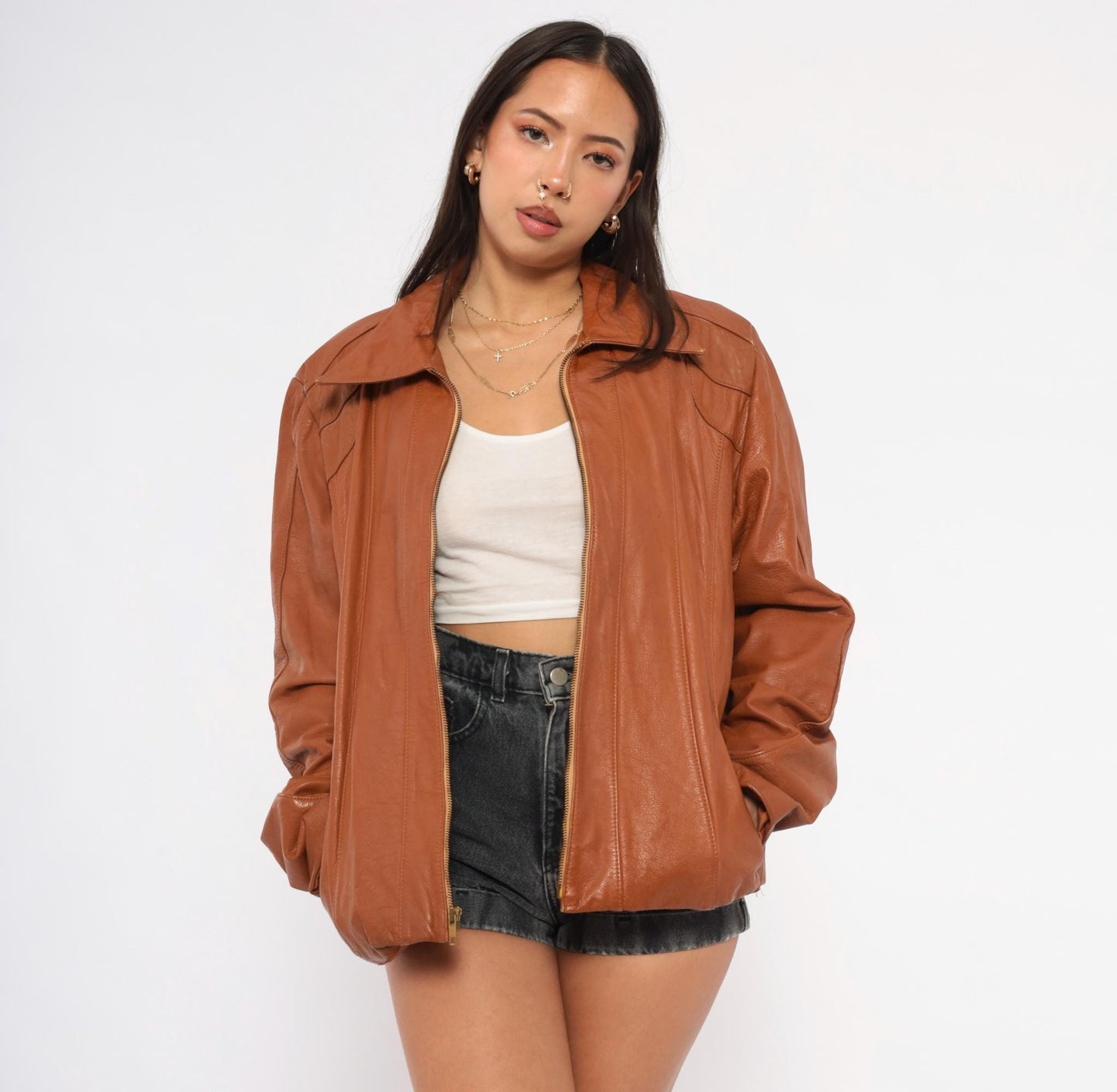 70s Ricaro Cognac Leather Jacket Western Scalloped Yoke Zip Bomber Extra Large XL