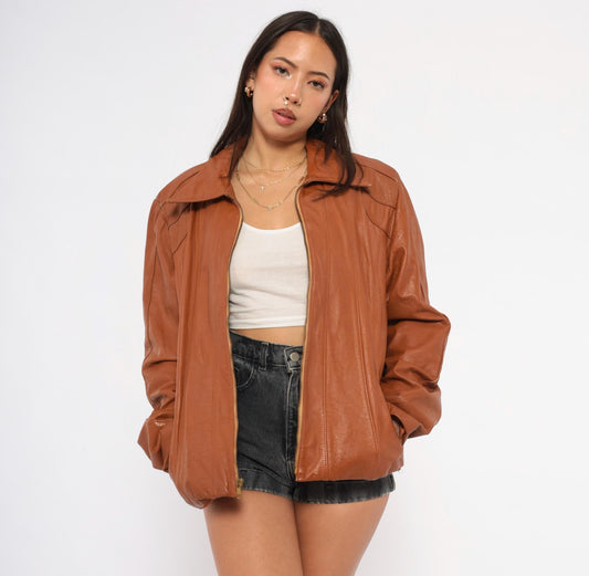 70s Ricaro Cognac Leather Jacket Western Scalloped Yoke Zip Bomber Extra Large XL