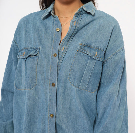 90s Mississippi River Blues Denim Shirt Light Wash Cotton Chambray Medium M