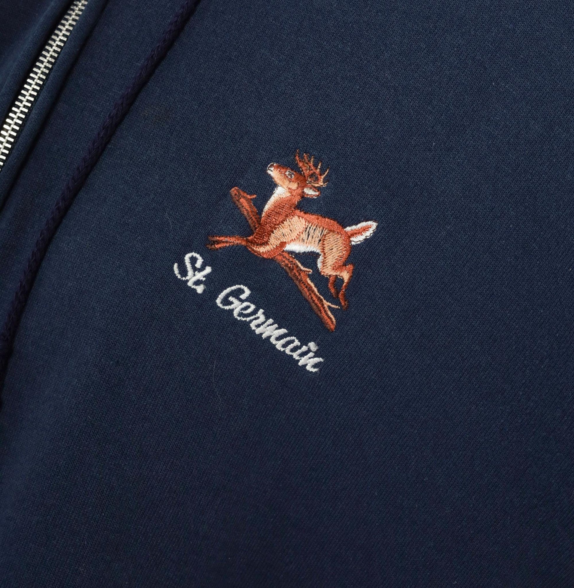 90s St Germain Deer Embroidered Navy Zip Hoodie Full Zip Sweatshirt Extra Large
