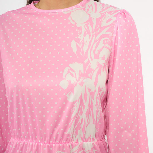 80s Blair Pink Polka Dot Dress Puff Sleeve Floral Print Knee-Length Small