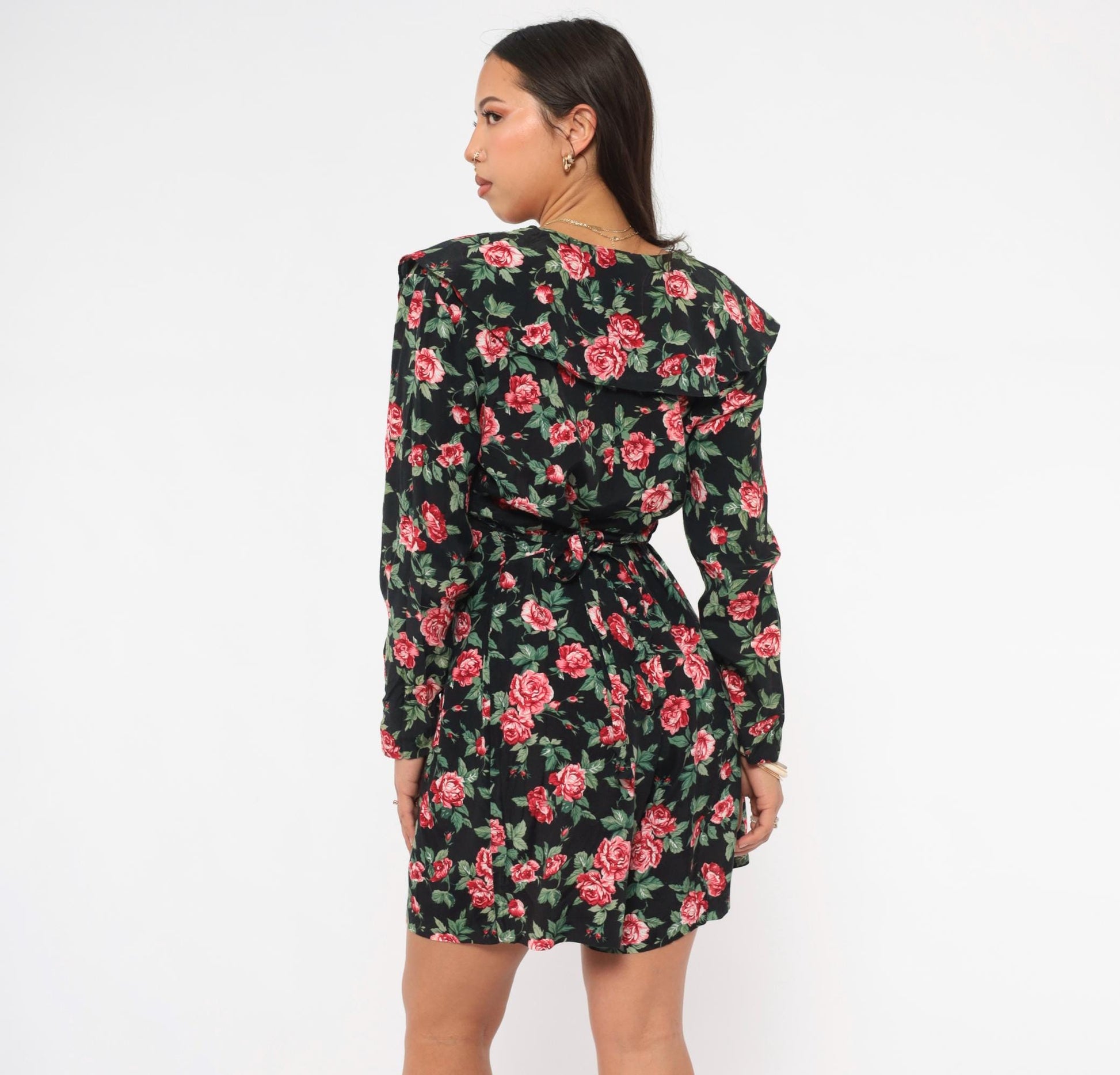 90s Rampage Rose Print Mini Dress Black Floral V-Neck Ruffle Long Sleeve Small