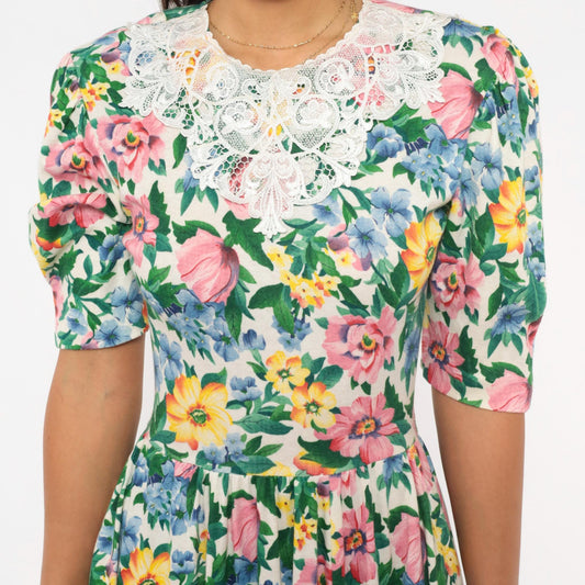 90s Expo Floral Midi Dress Puff Sleeve Lace Collar Cream Multicolor Small