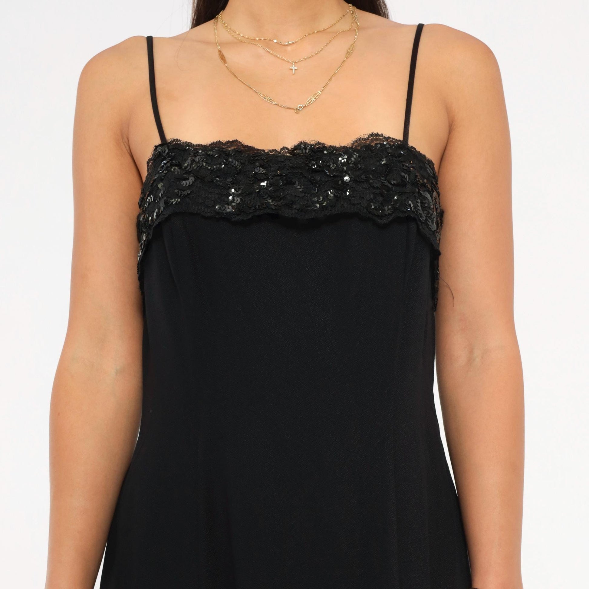 90s Roberta Black Mini Slip Dress Sequin Bustline Fringe Hem Extra Small XS