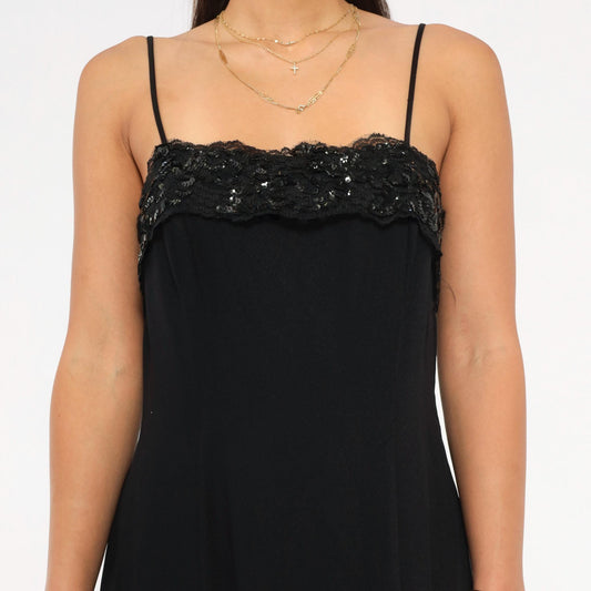 90s Roberta Black Mini Slip Dress Sequin Bustline Fringe Hem Extra Small XS