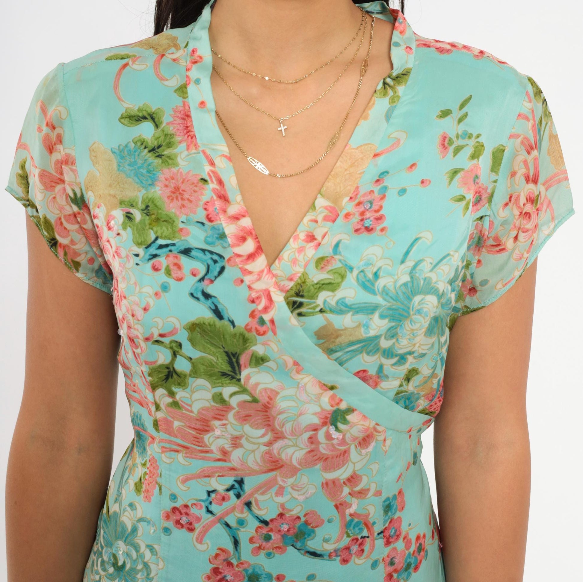 2000s Charlotte Russe Chrysanthemum Floral Midi Dress V-Neck Cap Sleeve Teal Medium M