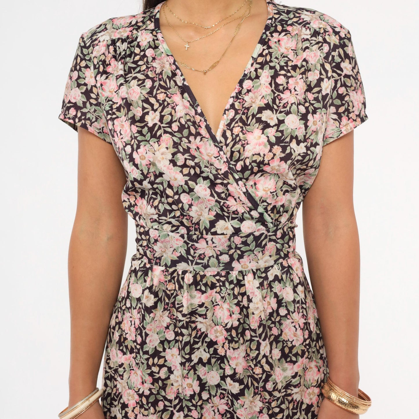 90s Mr. Duval Floral Wrap Dress Midi Garden Print Brown Pink Large L