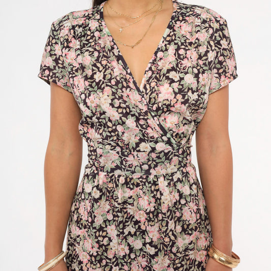 90s Mr. Duval Floral Wrap Dress Midi Garden Print Brown Pink Large L