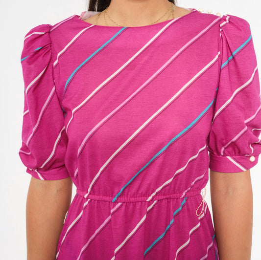 80s Joni Blair Magenta Striped Dress Puff Sleeve Boat Neck Knee Length Small