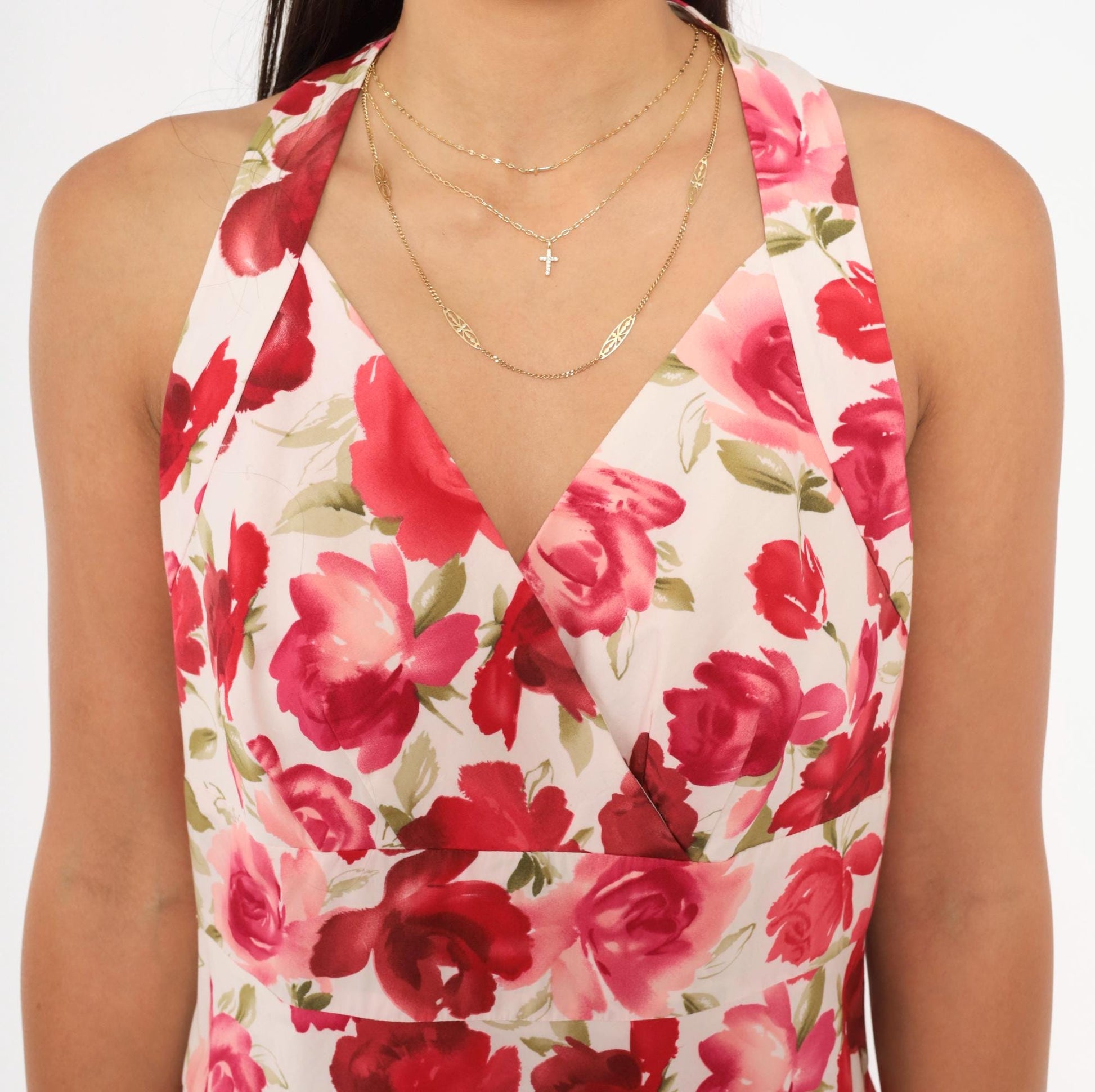 Y2K Talbots Rose Floral Halter Dress Cream Pink Red Knee-Length Medium M