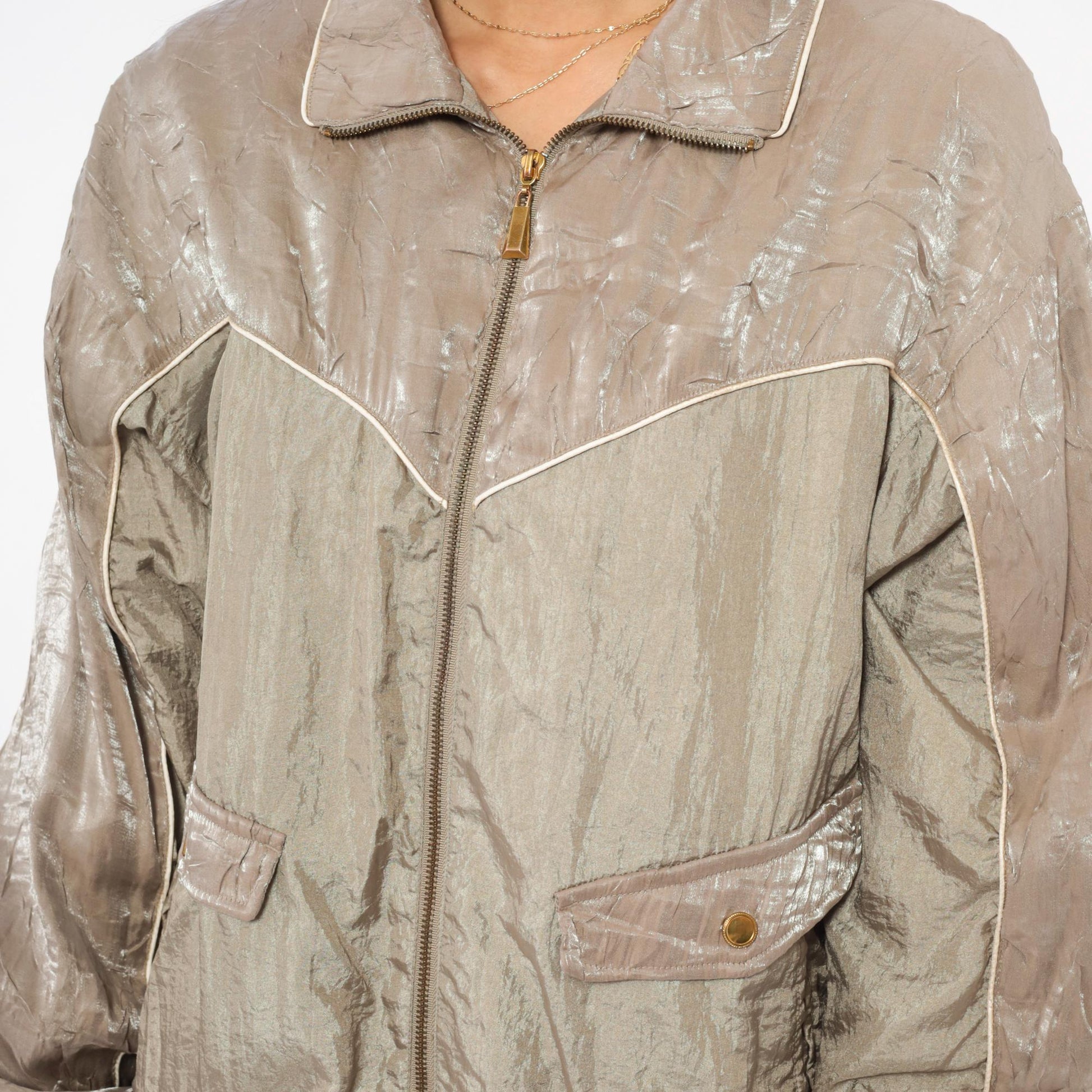 90s Cabin Creek Windbreaker Taupe Nylon Jacket Cream Piping Medium M