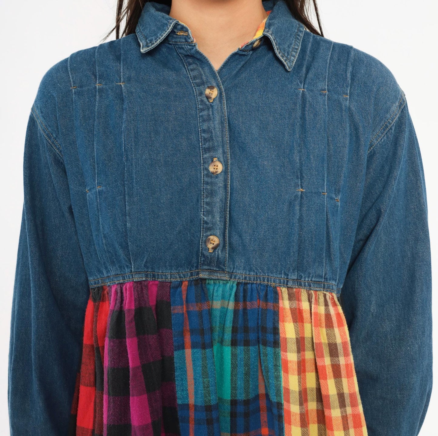 90s American Pop Denim Babydoll Mini Dress Patchwork Plaid Multicolor Extra Small