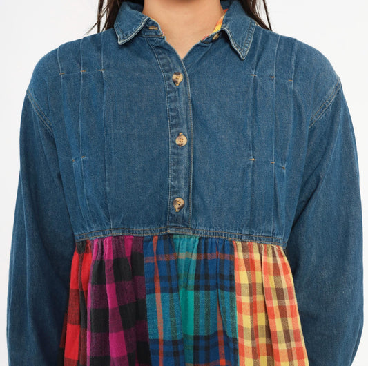 90s American Pop Denim Babydoll Mini Dress Patchwork Plaid Multicolor Extra Small