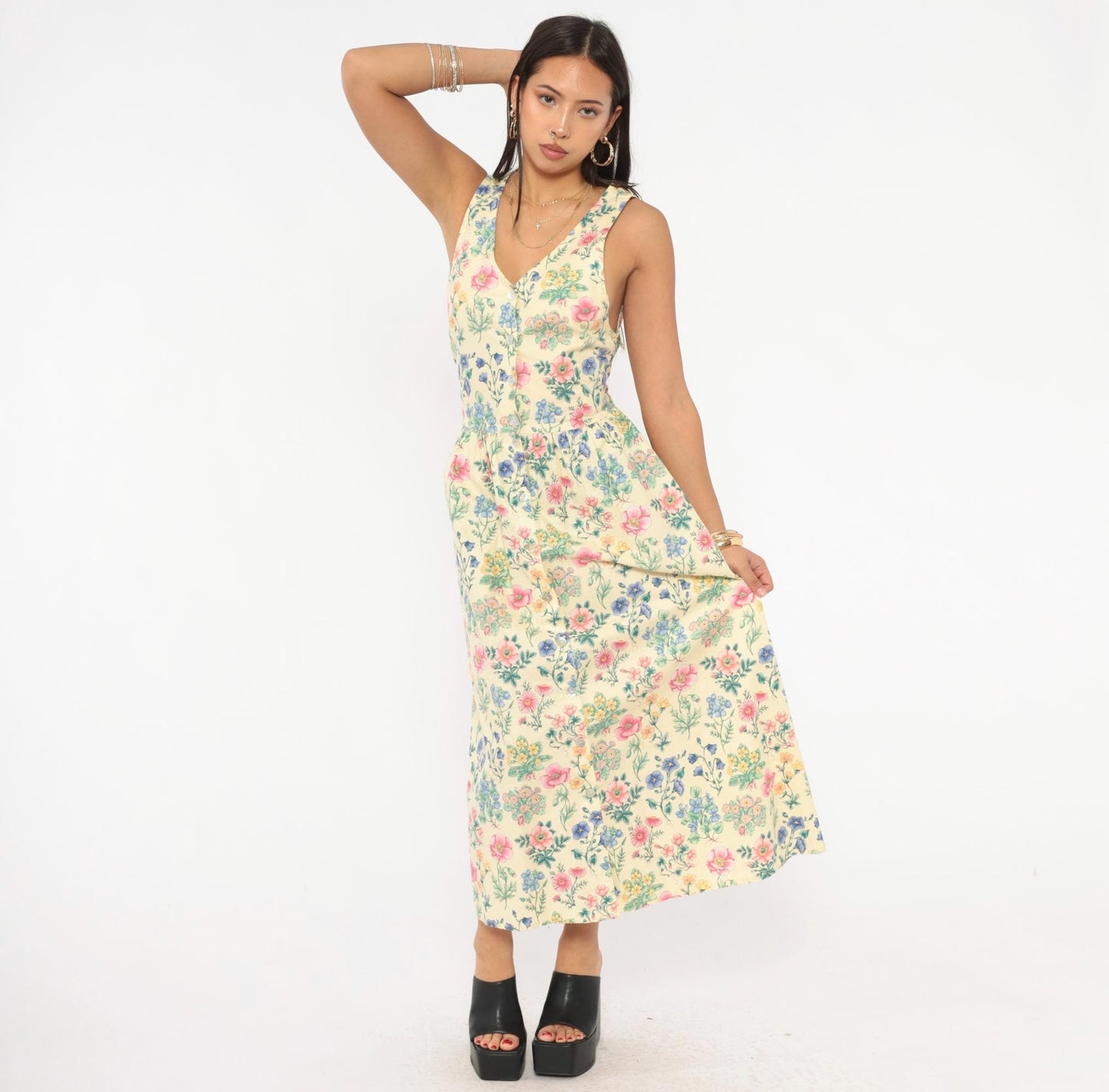 90s Faith Mountain Company Botanical Midi Dress Butter Yellow Floral V-Neck Small