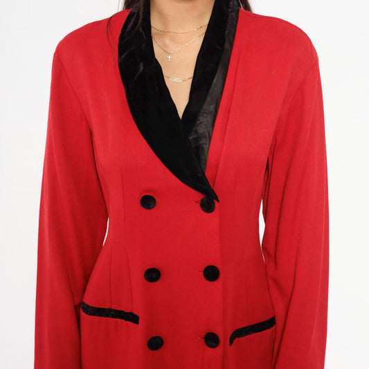 90s Scarlett Red Double Breasted Blazer Dress Velvet Collar Knee Length Small