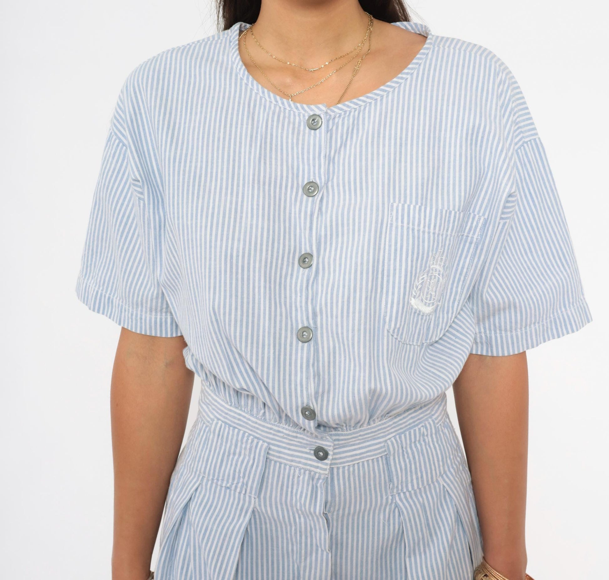 80s FADS Blue White Pinstripe Cotton Romper Pleated High-Rise Small S