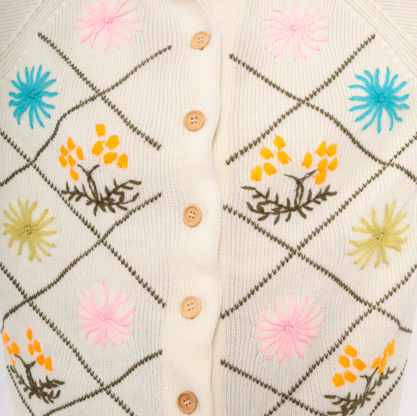 60s Embroidered Floral Cardigan Cream Knit Raglan Wooden Buttons Medium
