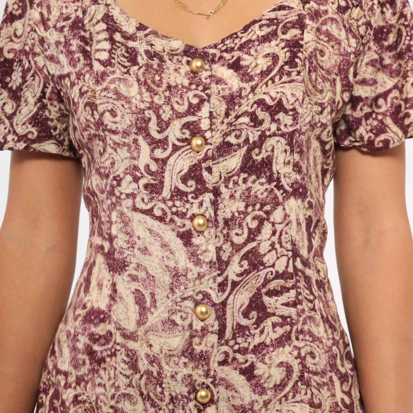 90s Caroline Wells Paisley Romper Burgundy Cream Flutter Sleeve Small