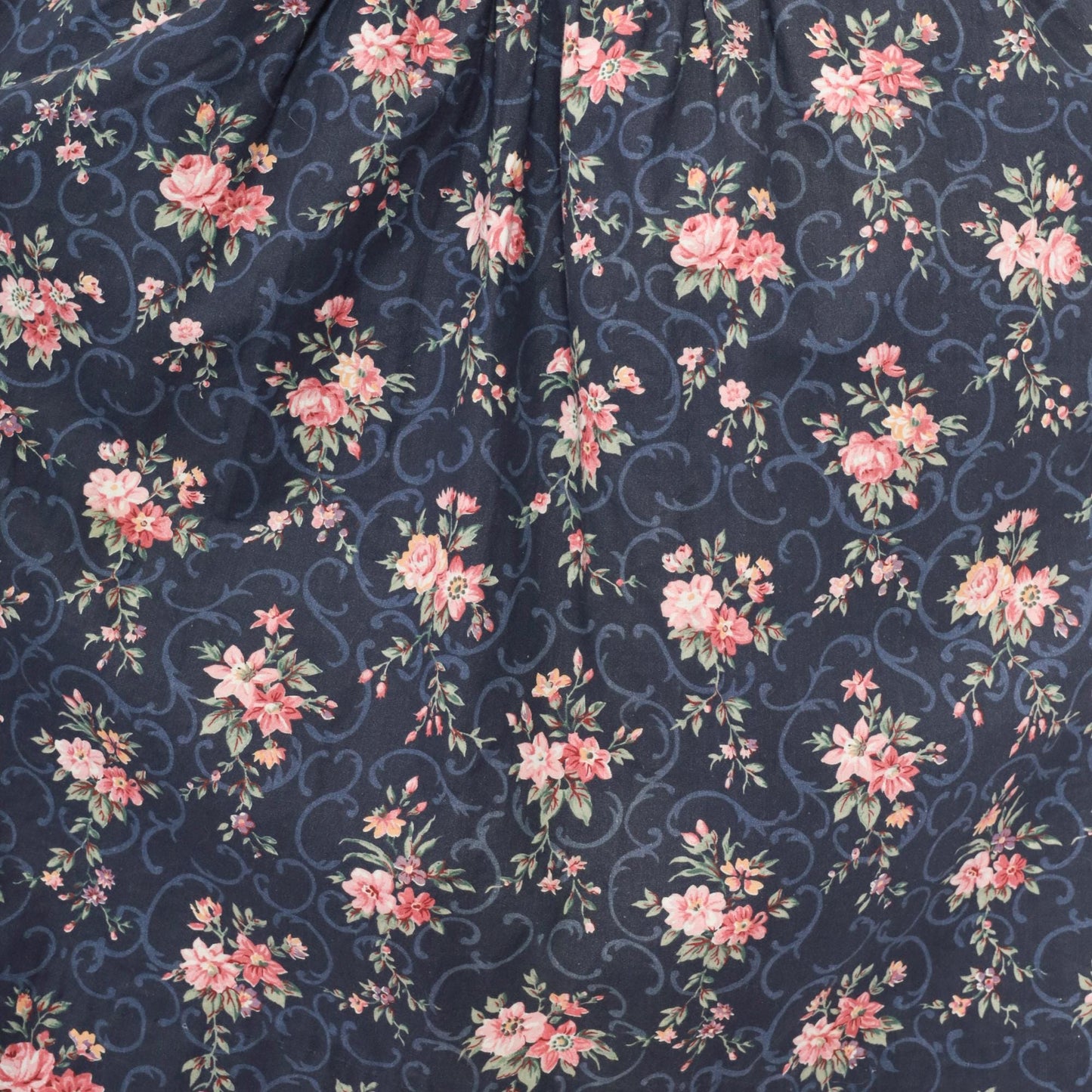 90s Navy Floral Pinafore Dress Pink Rose Print Mid-Calf Gathered Jumper XS