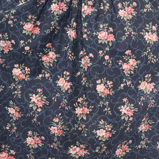 90s Navy Floral Pinafore Dress Pink Rose Print Mid-Calf Gathered Jumper XS