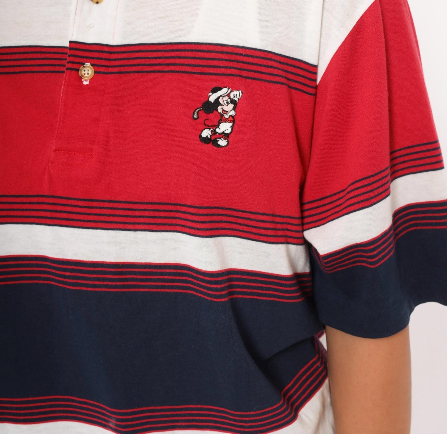90s Aureus Mickey Mouse Polo Shirt Red Navy Striped Embroidered Medium