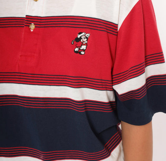90s Aureus Mickey Mouse Polo Shirt Red Navy Striped Embroidered Medium