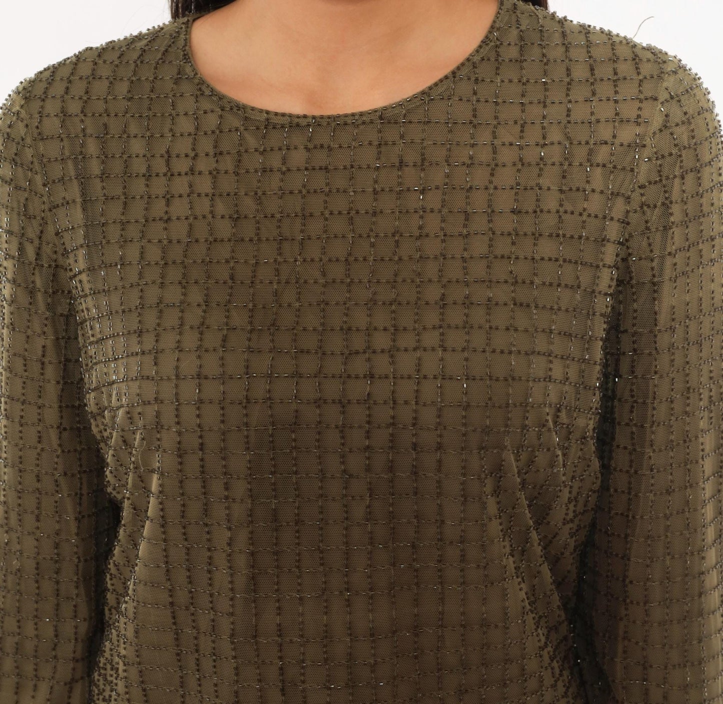 2000s Chetta B Olive Beaded Mesh Top Fur Cuff Blouse Medium M