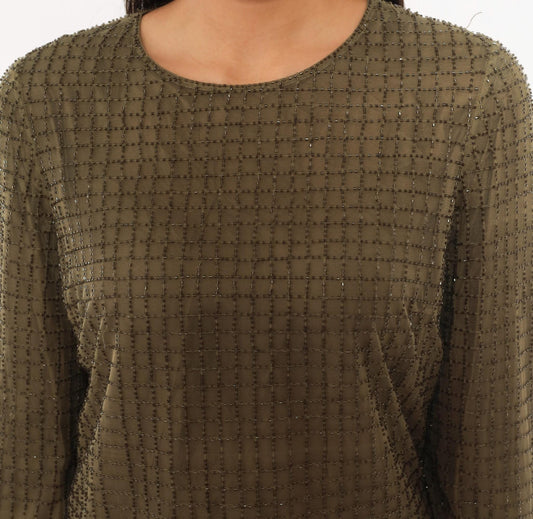 2000s Chetta B Olive Beaded Mesh Top Fur Cuff Blouse Medium M