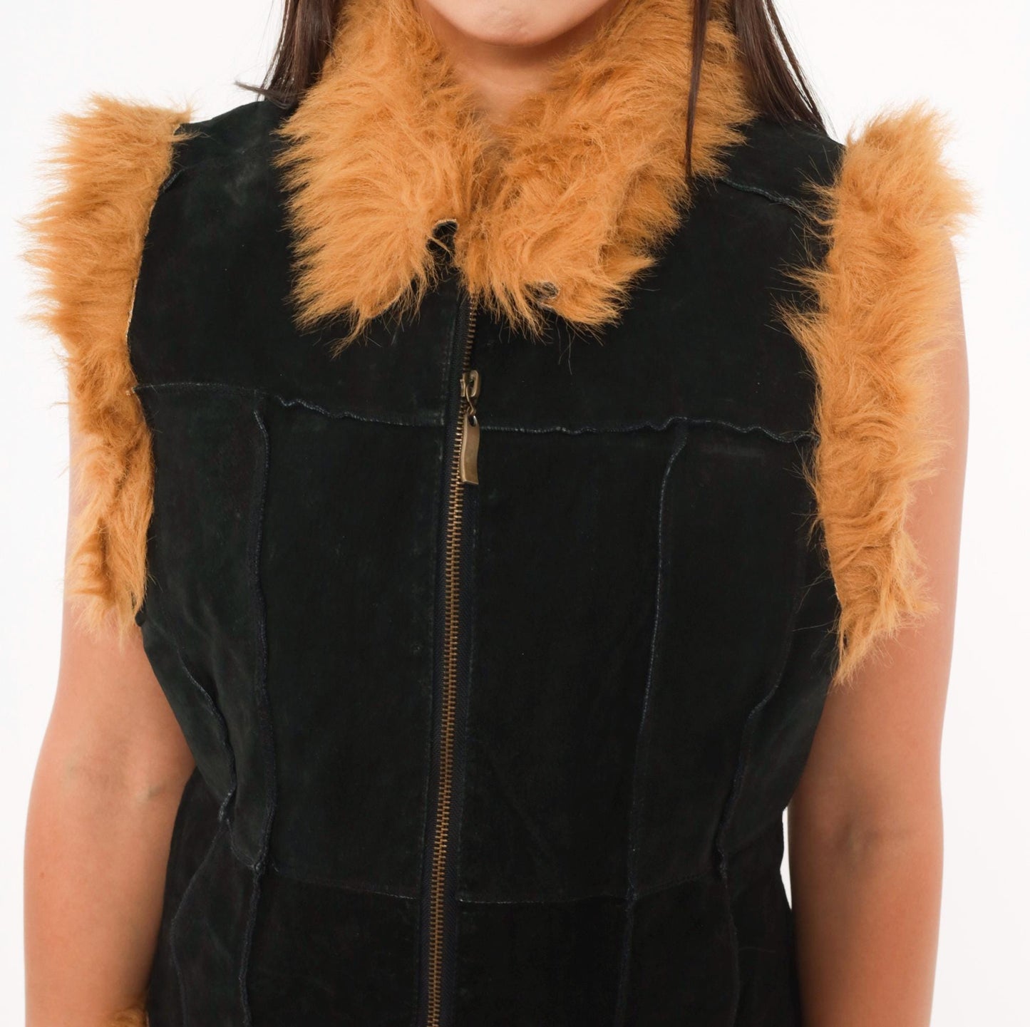 Y2K Jennyfer J Black Leather Vest Tan Faux Fur Trim Zip Front Medium