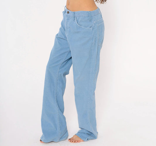 80s Sky Blue Corduroy Flare Pants Bell Bottom Powder Blue Trousers 34x34