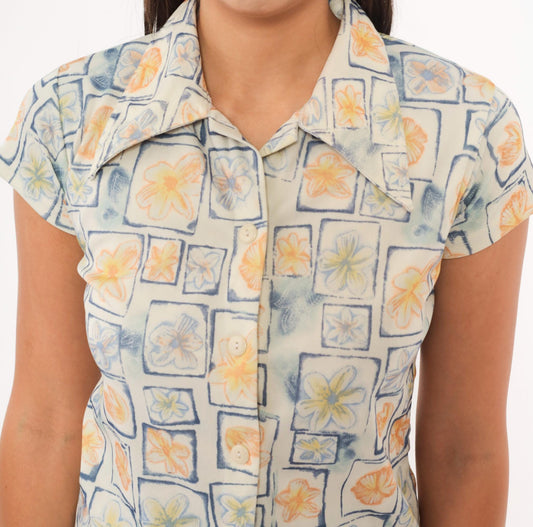 2000s Caress Floral Watercolor Blouse Cream Cap Sleeve Camp Collar Small