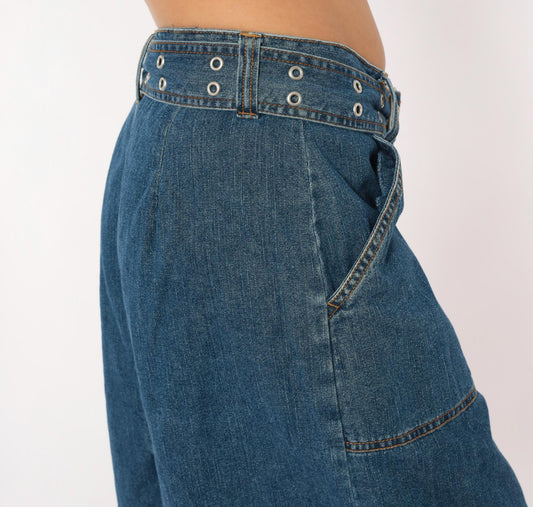 2000s Bill Blass Belted Denim Mini Skirt Indigo Cotton Medium M