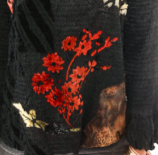 Alberto Makali 2000s Black Knit Top Red Velvet Floral Bell Sleeve Extra Large XL