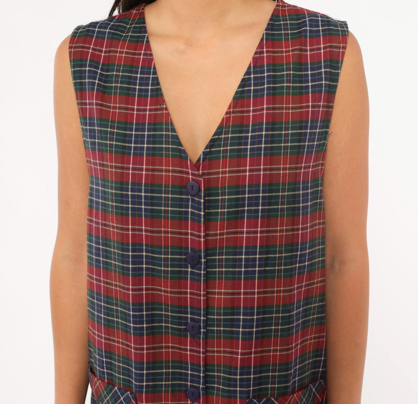 90s Baxter Wells Plaid Jumper Dress Navy Red Green Tartan Knee-Length Large L