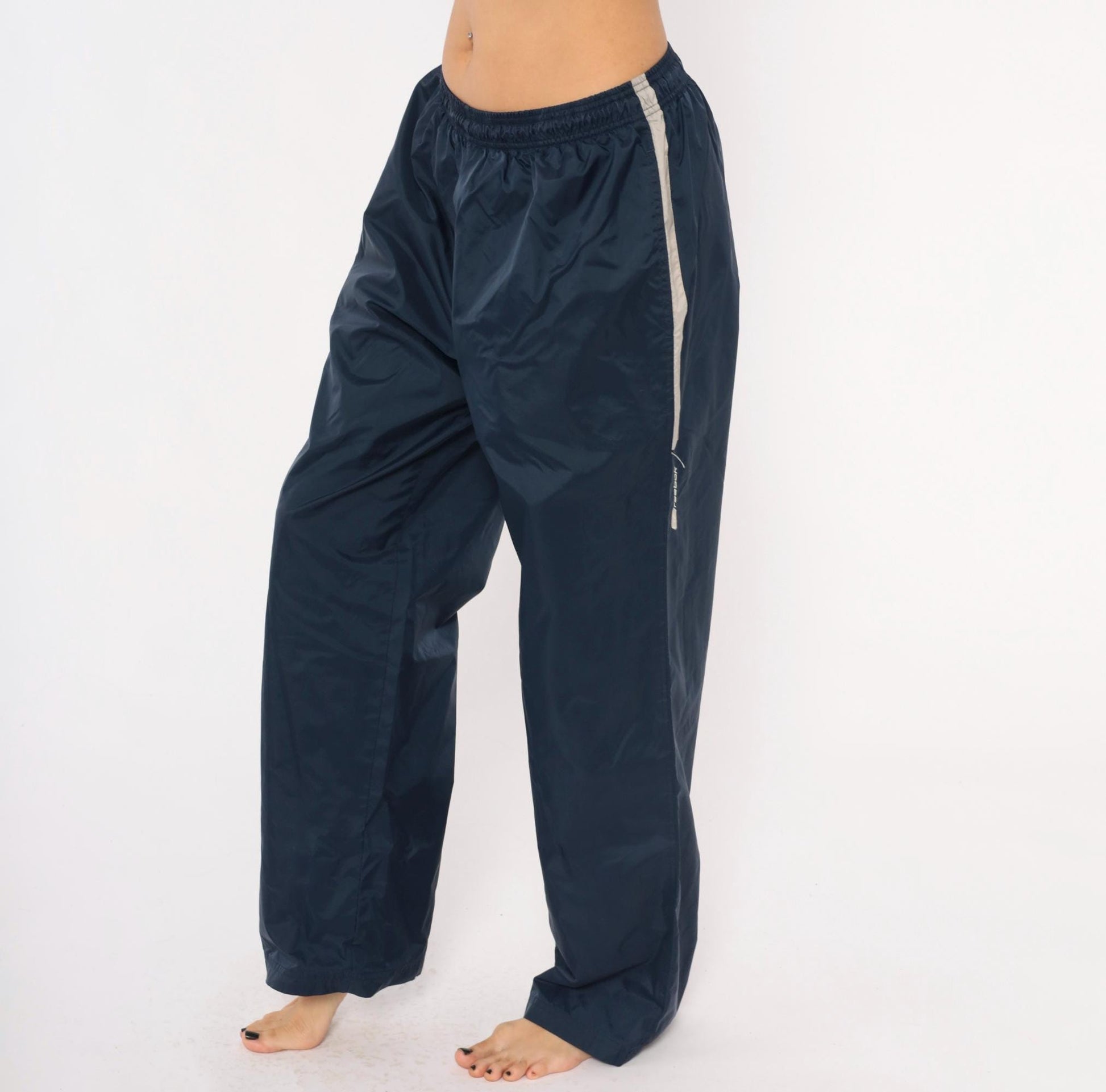 90s Reebok Navy Track Pants Nylon Elastic Waist Straight Leg Large L