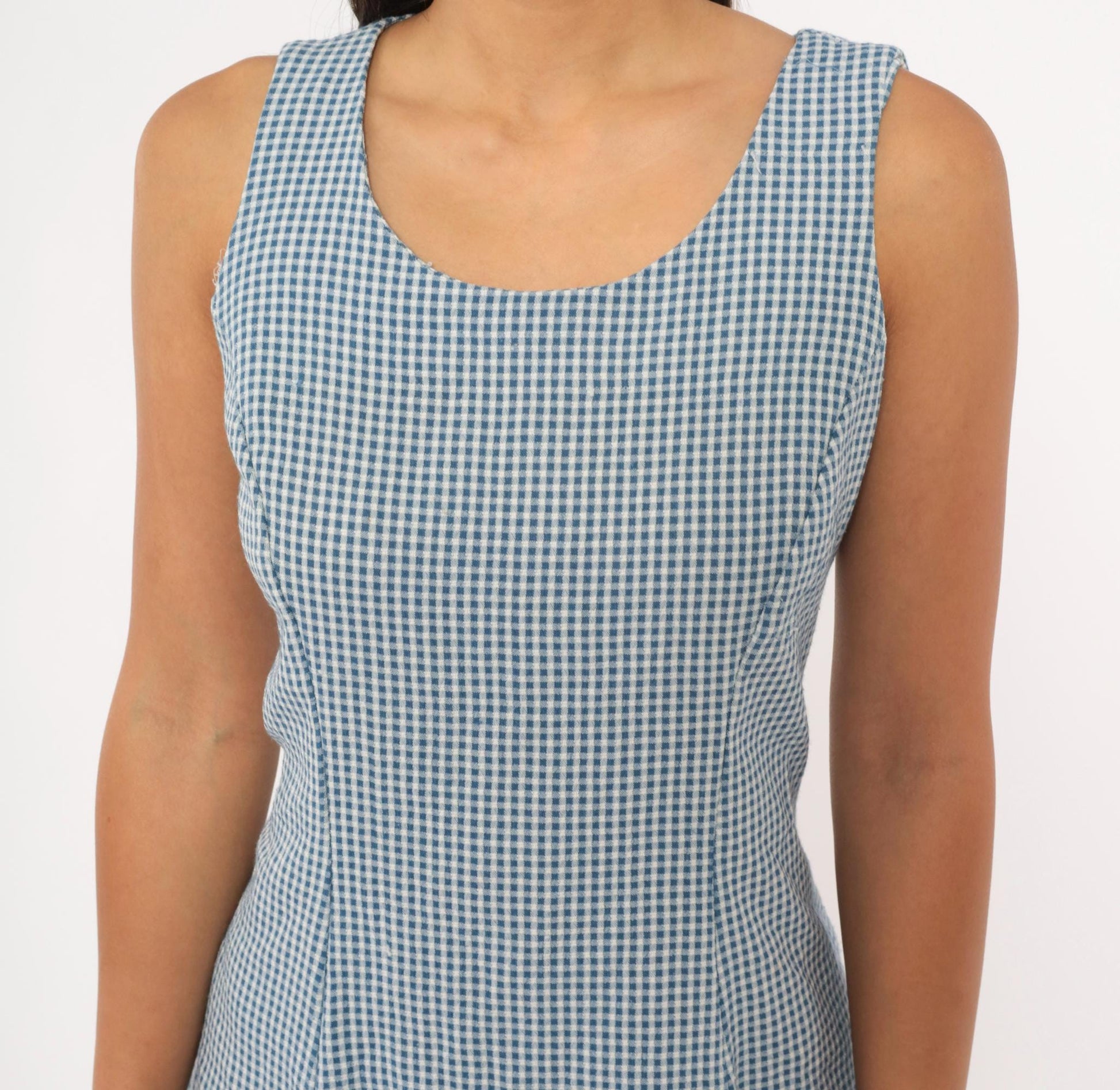 90s Especially Yours Gingham Mini Dress Blue White Lace-Up Back Medium
