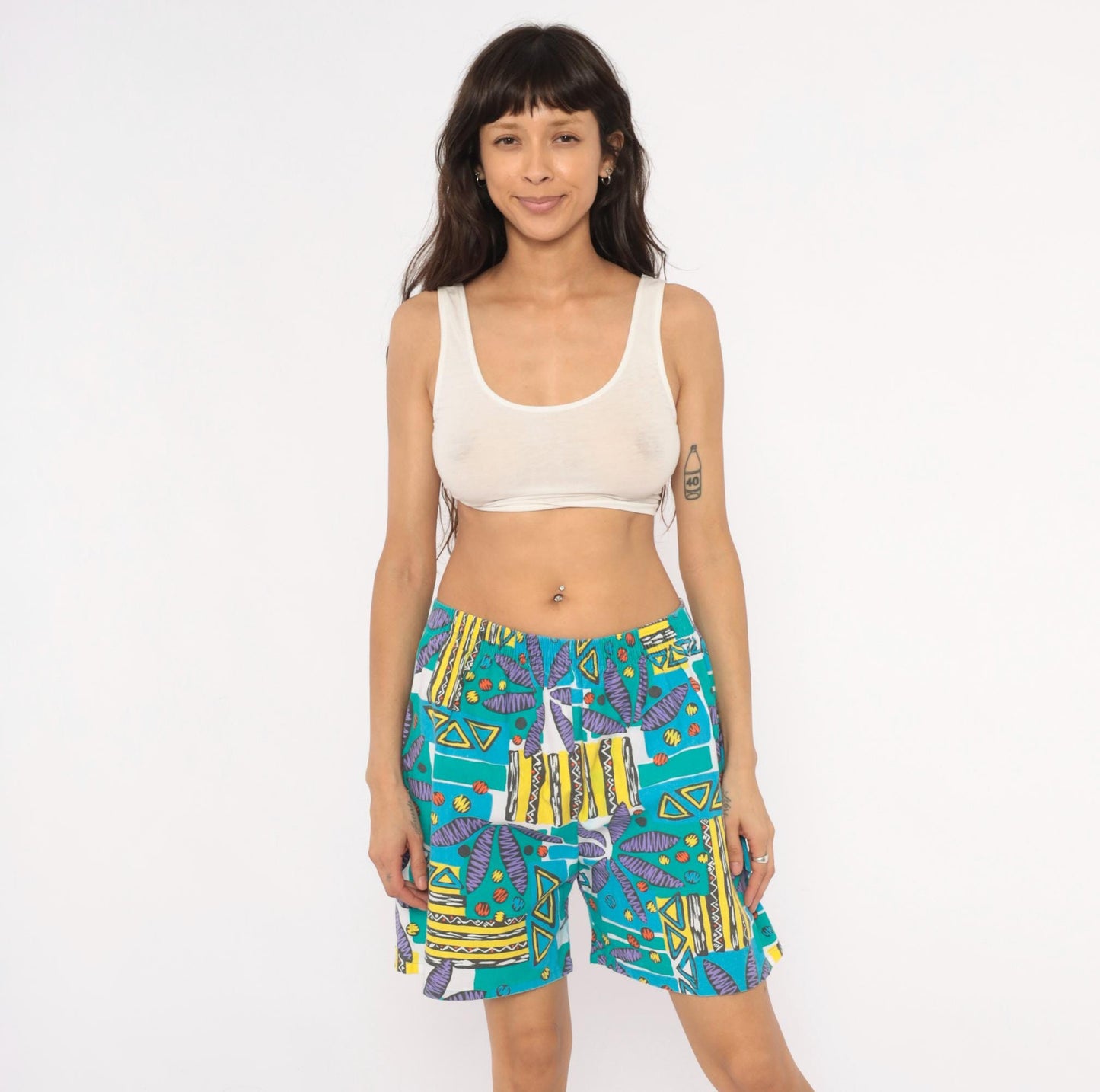 90s Athletic Works Abstract Shorts Teal Purple Geometric Print Cotton Medium