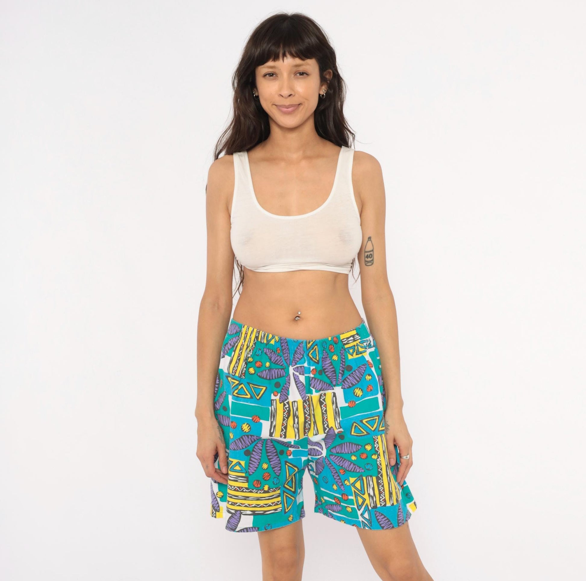 90s Athletic Works Abstract Shorts Teal Purple Geometric Print Cotton Medium