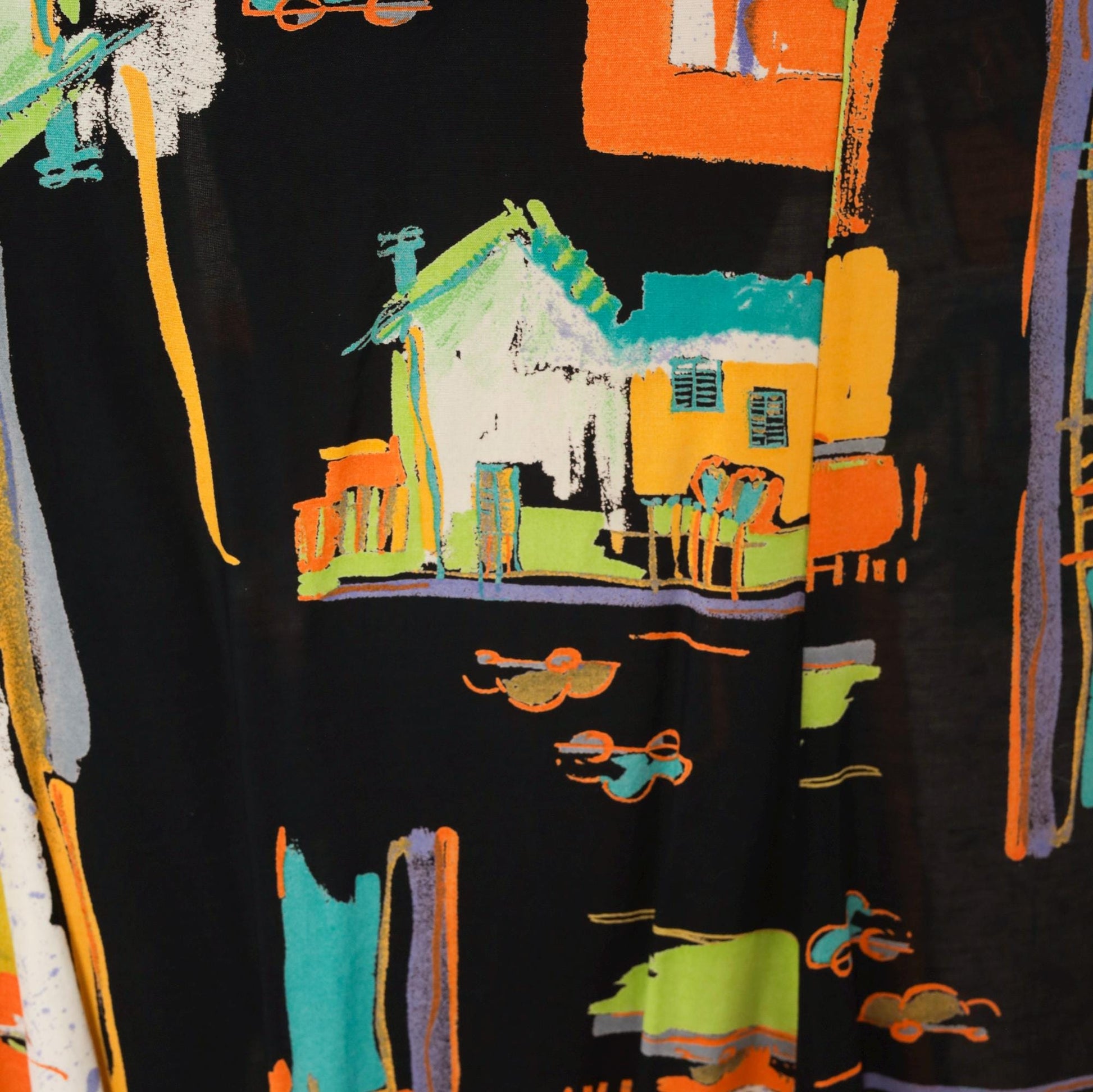 90s Sharon Anthony Maxi Skirt Cityscape Print Black Teal Orange Extra Large