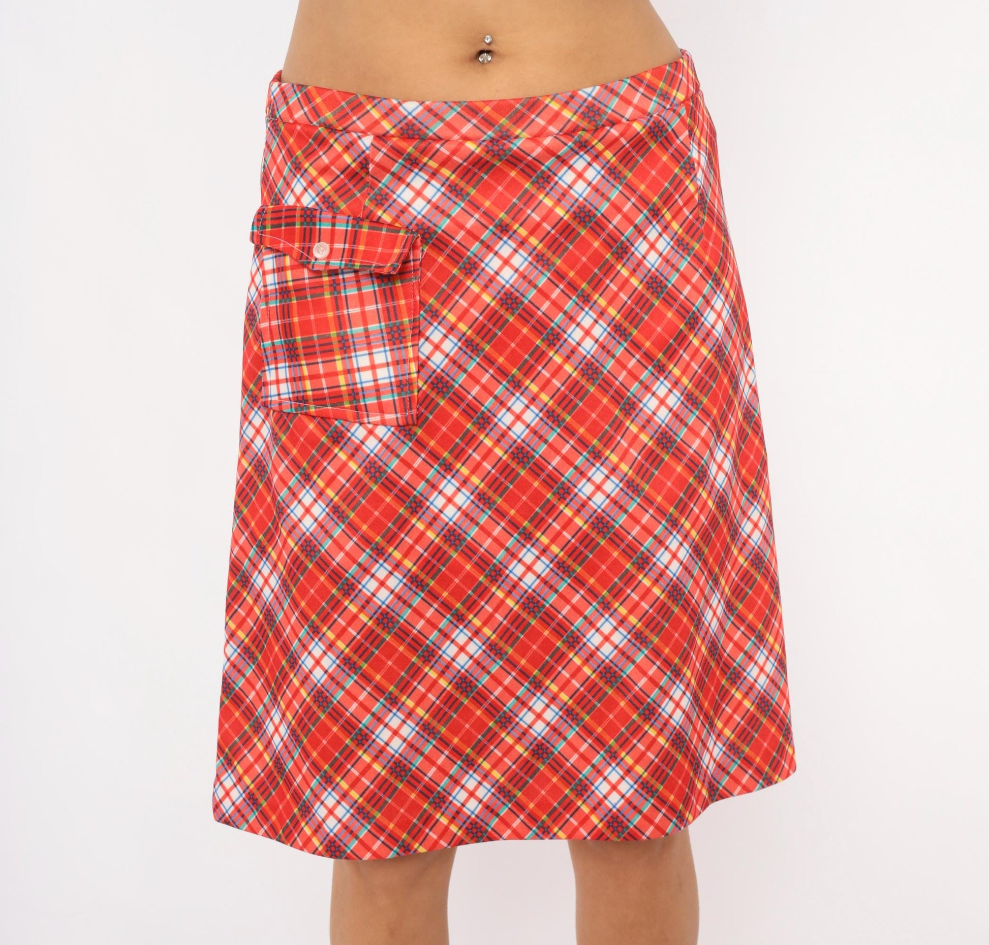 70s Red Tartan Plaid Skort A-Line Knee Length Built-In Shorts Medium Large