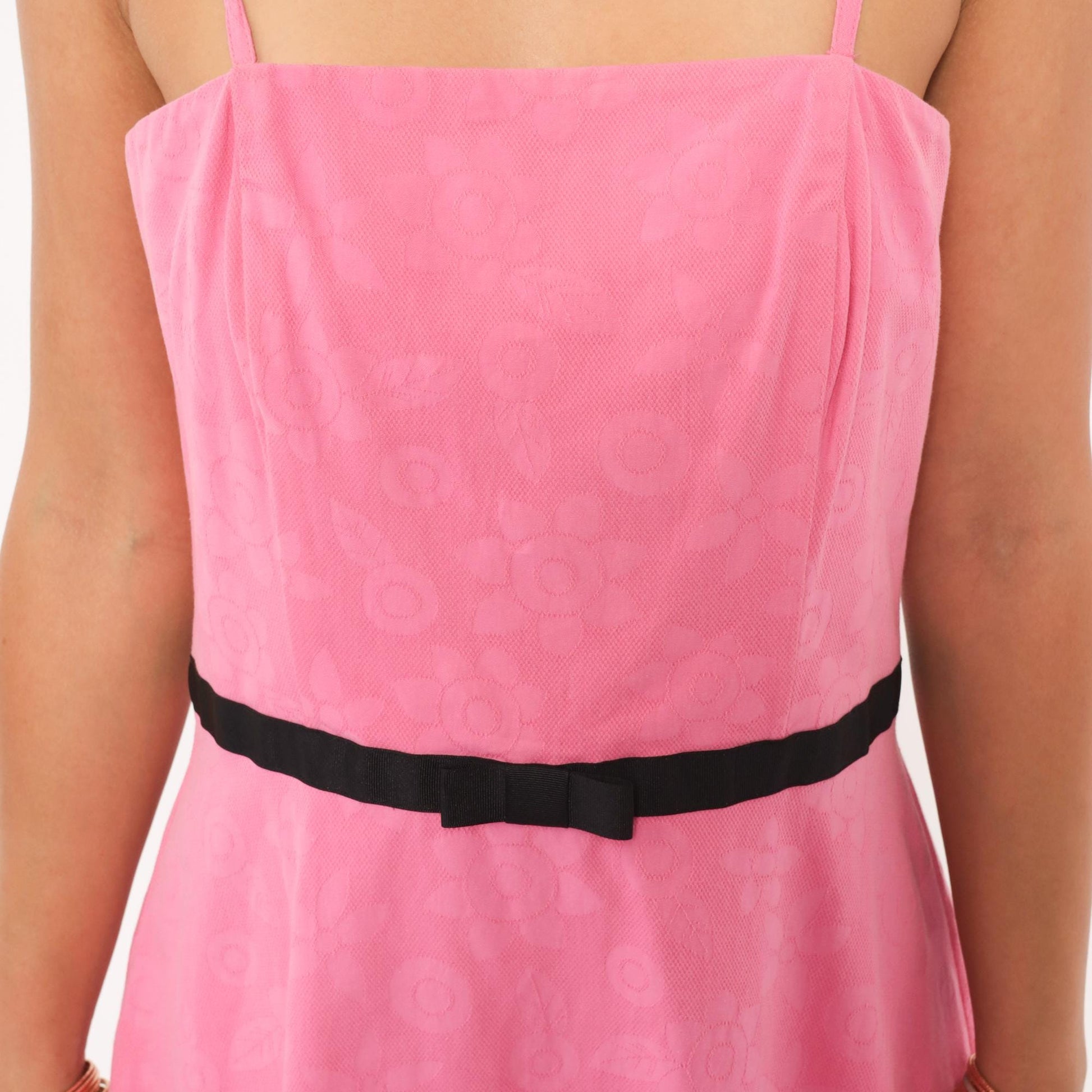 2000s Catherine Stewart Pink Floral Jacquard Sundress Black Bow Medium M