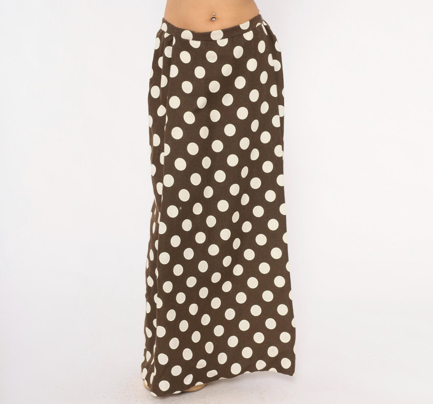 70s Brown Cream Polka Dot Maxi Skirt A-Line Cotton Gathered Waist Medium