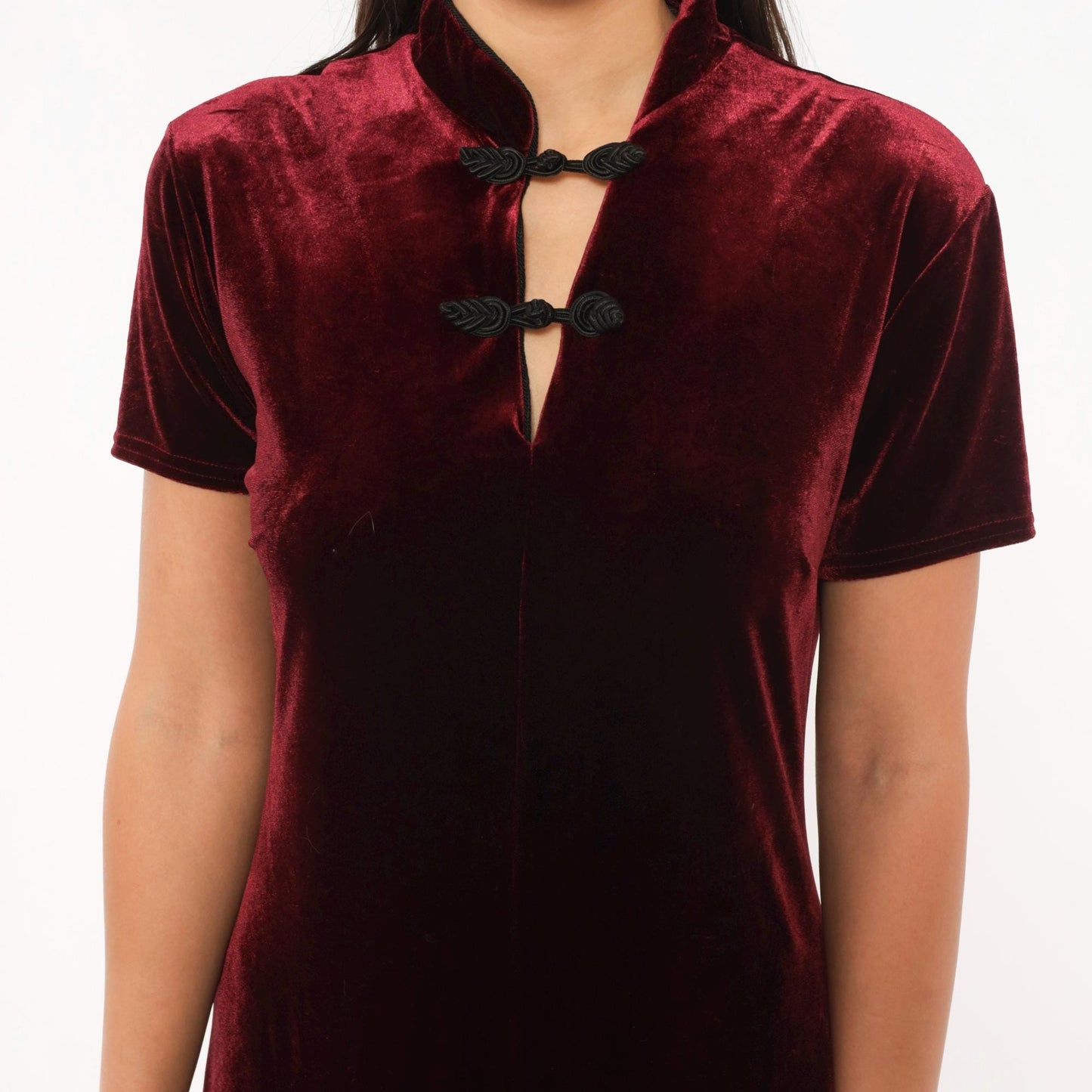 90s Dressing Clio Burgundy Velvet Cheongsam Maxi Dress Mandarin Collar Medium M