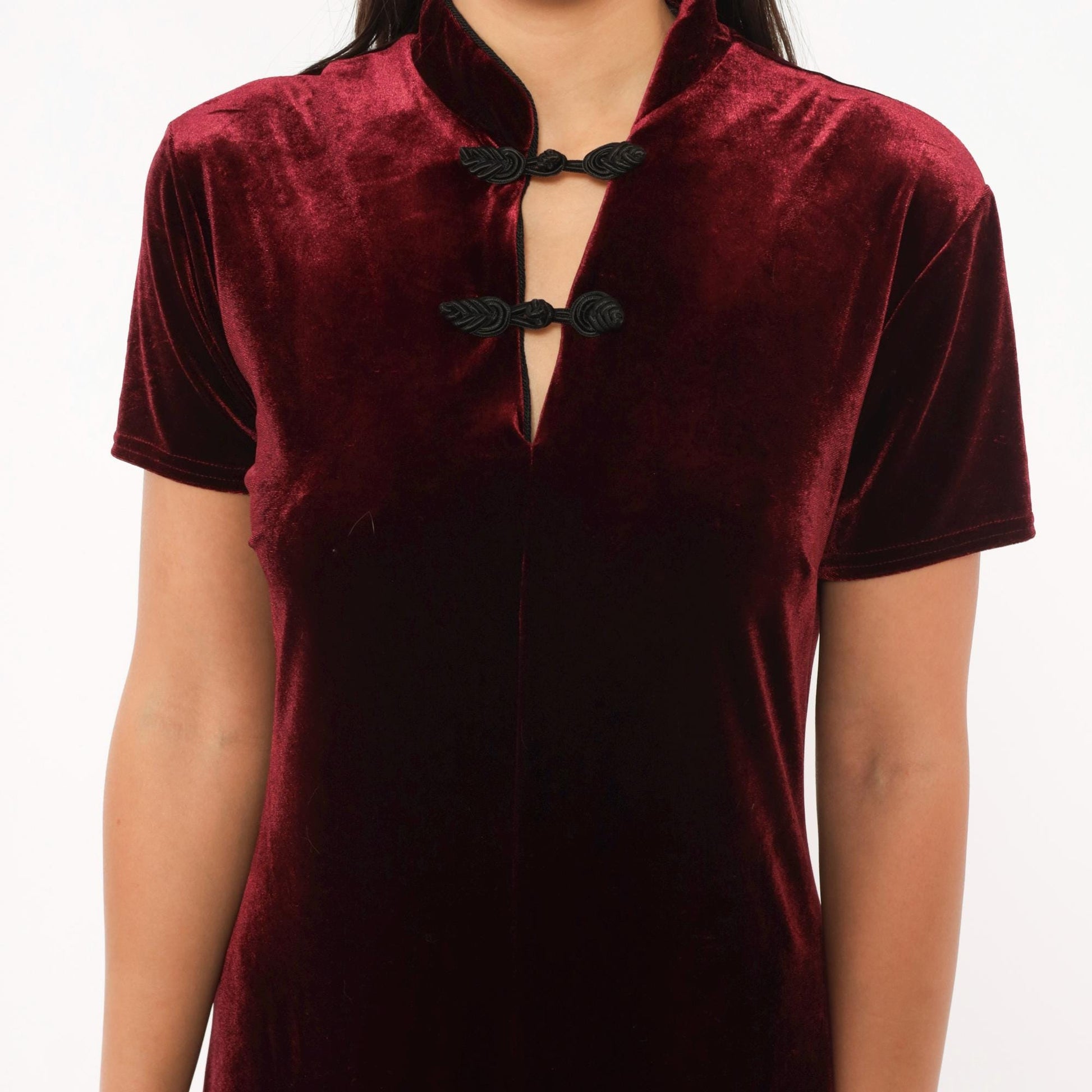 90s Dressing Clio Burgundy Velvet Cheongsam Maxi Dress Mandarin Collar Medium M