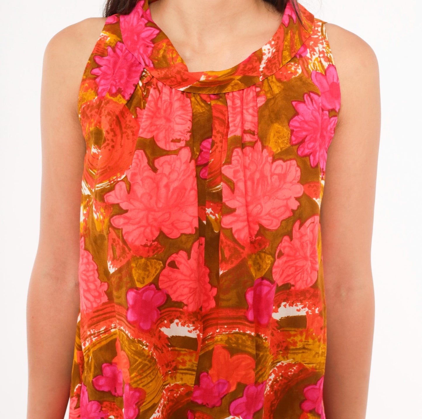 70s Psychedelic Floral Shift Dress Pink Magenta Cowl Neck Mini Cotton Small