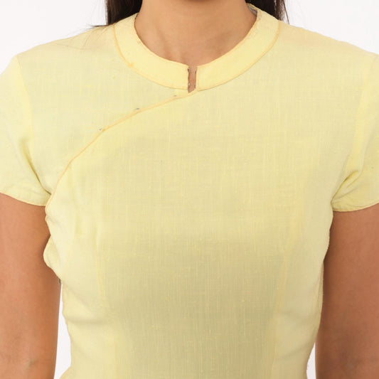 70s Butter Yellow Cheongsam Mandarin Collar Dress Linen Cotton Pencil XS