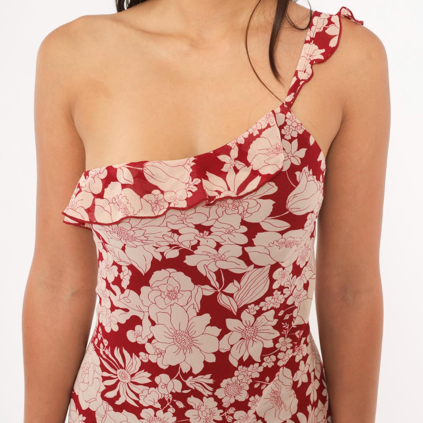 Y2K Debut USA Floral One-Shoulder Dress Red Cream Knee-Length Large L